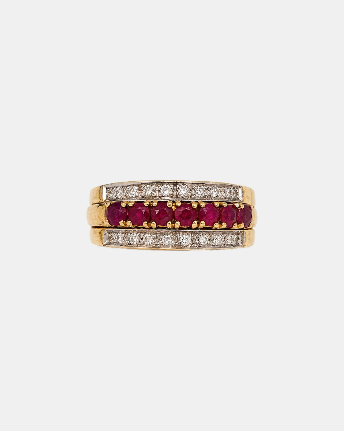 Conjunto de media alianzas intercambiables, Oro amarillo 18k, Rubí, Diamante, Esmeralda, Zafiro, Años 90
