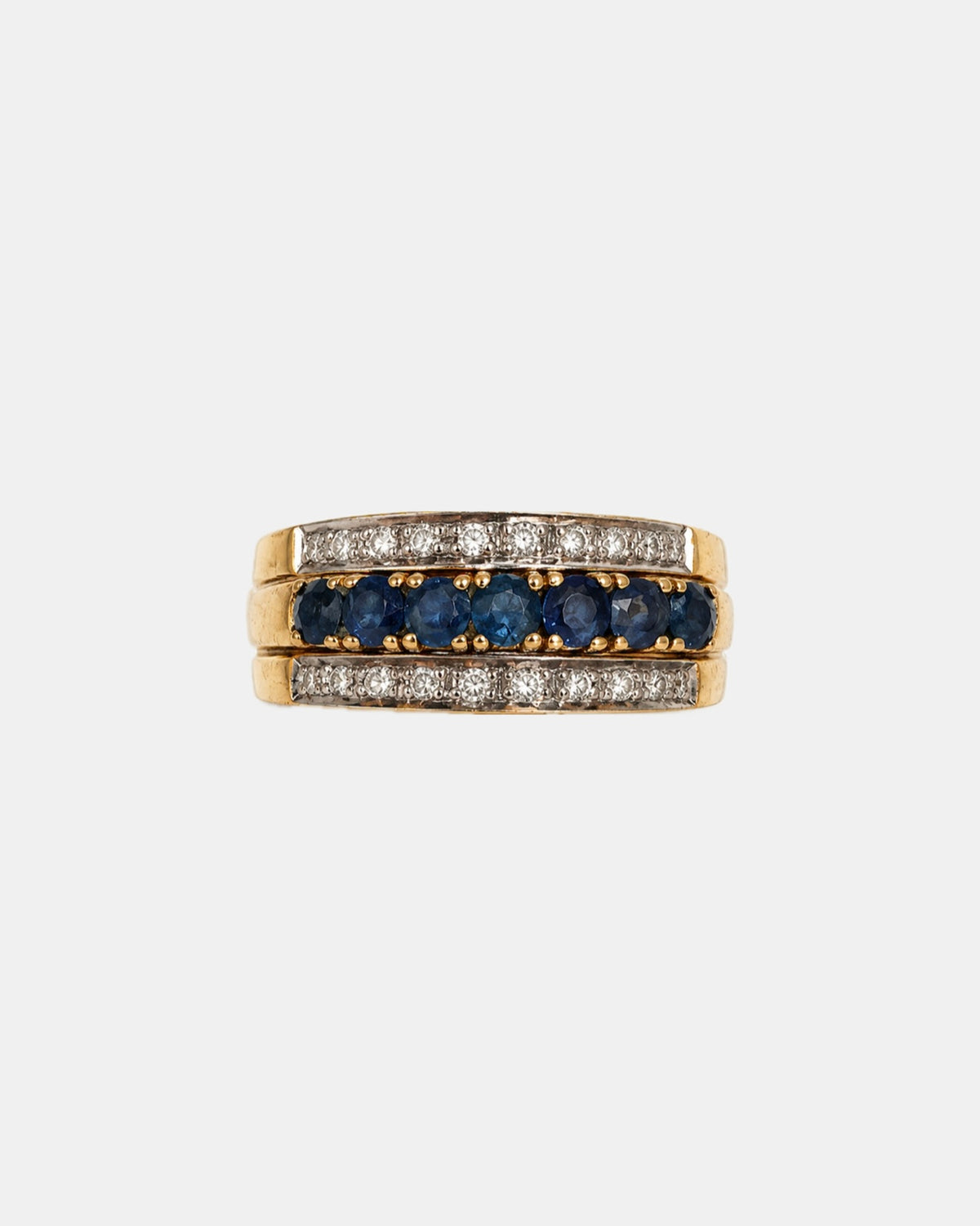 Conjunto de media alianzas intercambiables, Oro amarillo 18k, Rubí, Diamante, Esmeralda, Zafiro, Años 90