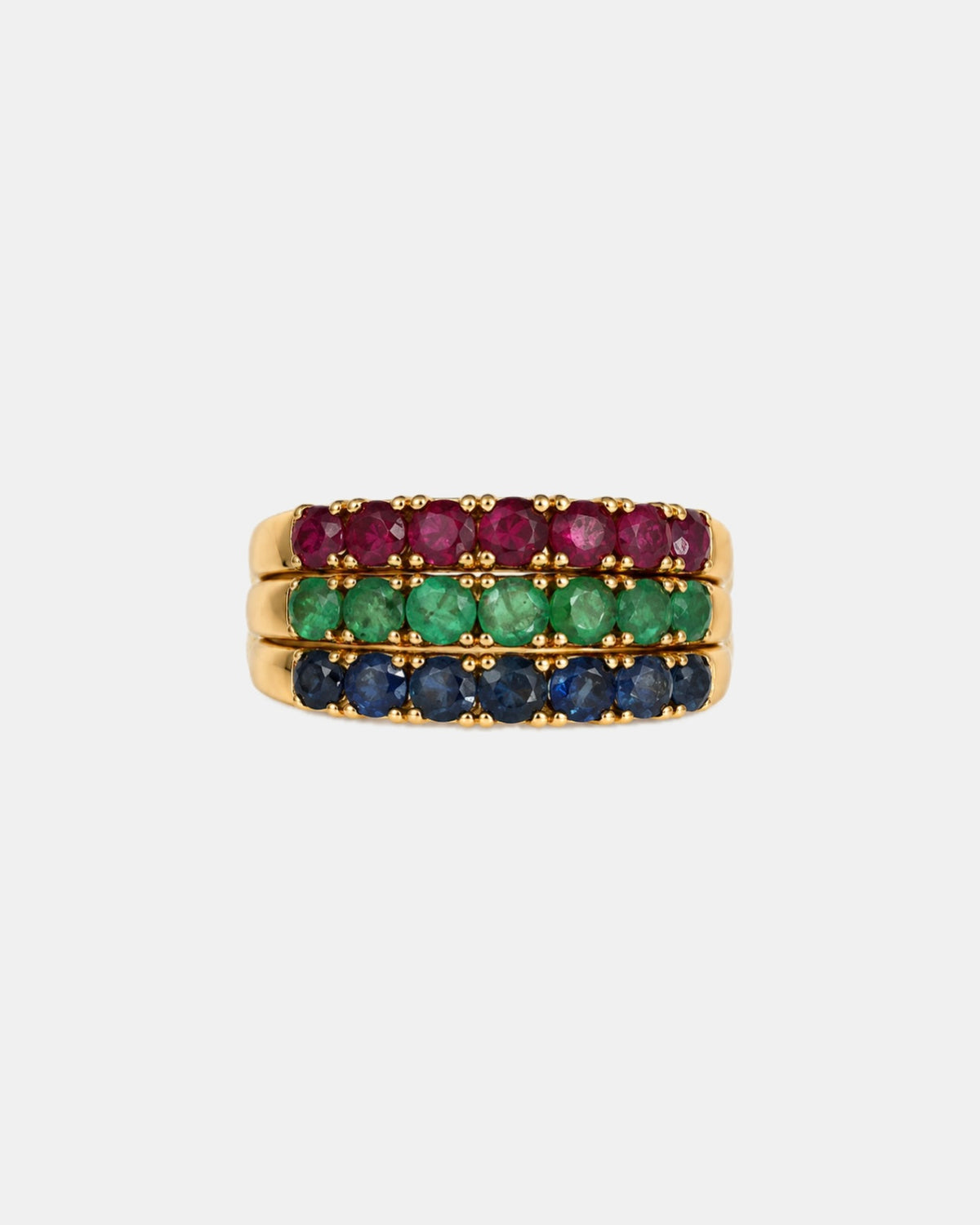 Conjunto de media alianzas intercambiables, Oro amarillo 18k, Rubí, Diamante, Esmeralda, Zafiro, Años 90